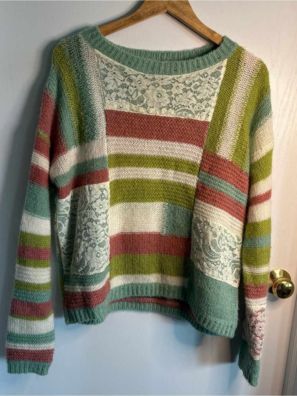 Sundance Sz S Striped Patchwork Knit Lace Mohair Pullover Sweater Boho Hippie